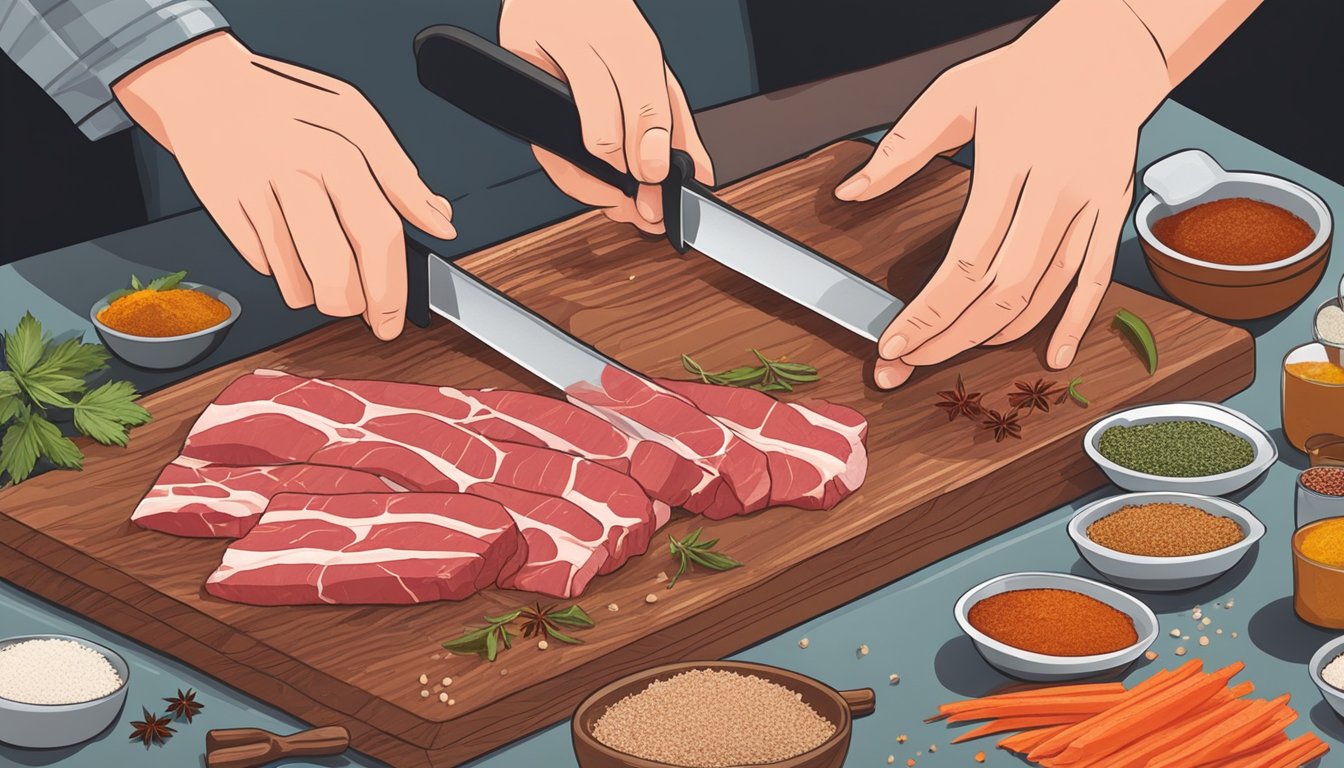 A person slicing raw meat into thin strips on a cutting board, surrounded by various spices and seasonings