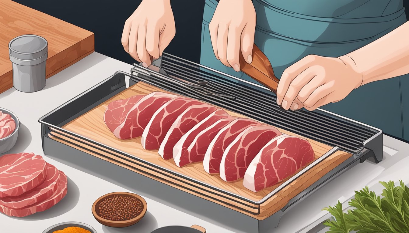 Slicing raw meat on a cutting board, seasoning with spices and placing strips onto a dehydrator tray