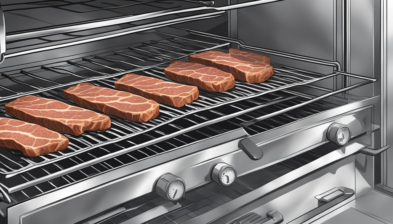 Slices of seasoned beef laid out on wire racks in a low-temperature oven, with the oven door slightly ajar to allow for air circulation