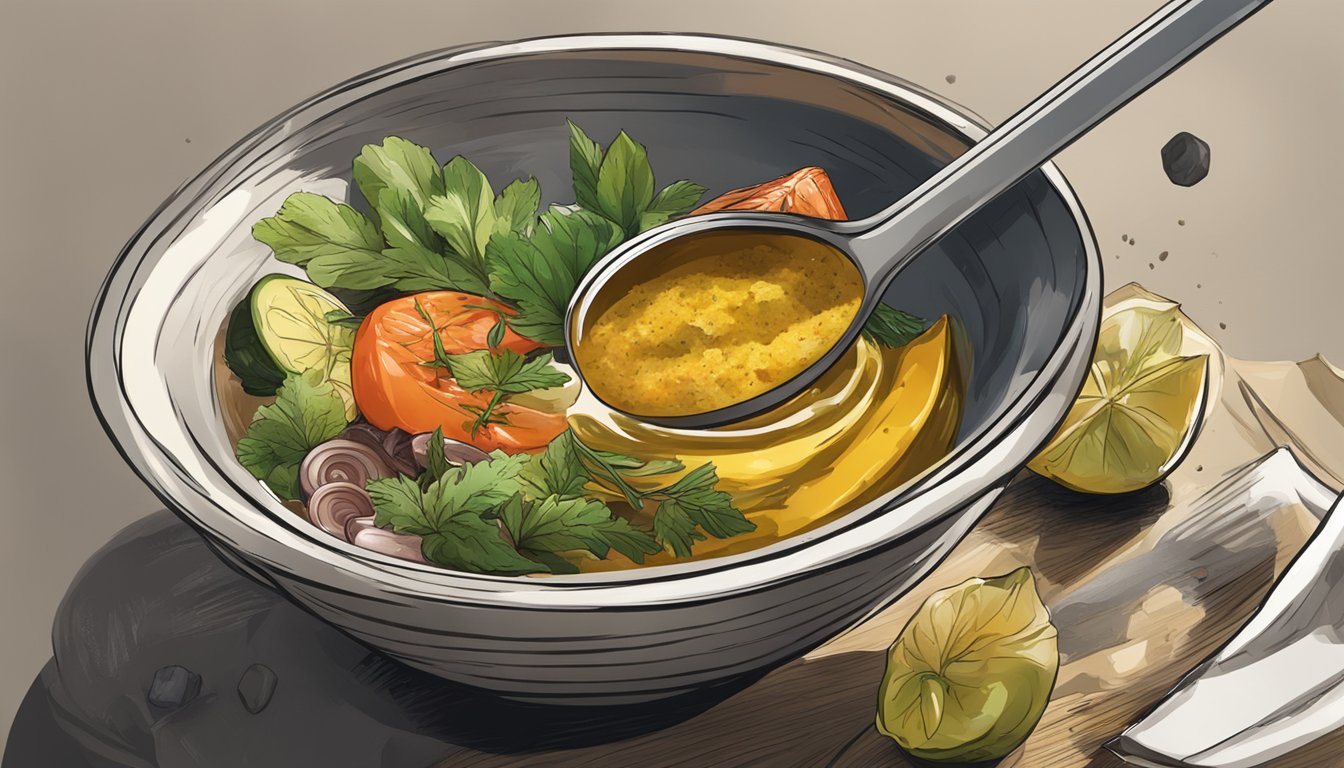 A bowl of marinade ingredients being mixed together with a spoon