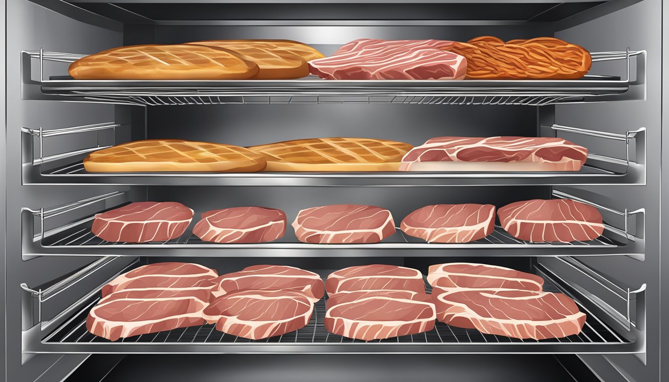 Slices of marinated meat laid out on wire racks inside a conventional oven, with the door slightly ajar and heat radiating from the coils