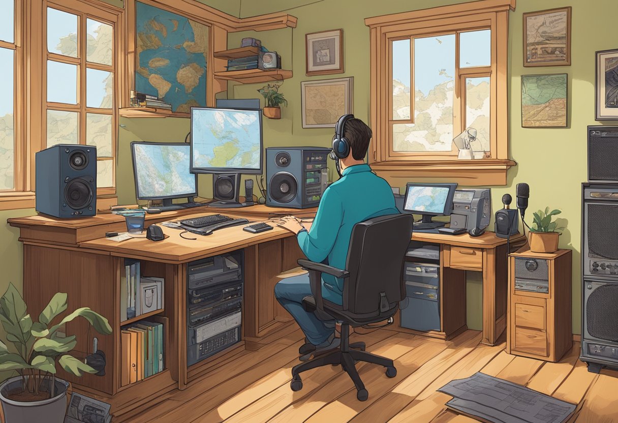 A cozy home with a desk covered in radio equipment, a map of the world on the wall, and a person sitting at the desk talking into a microphone