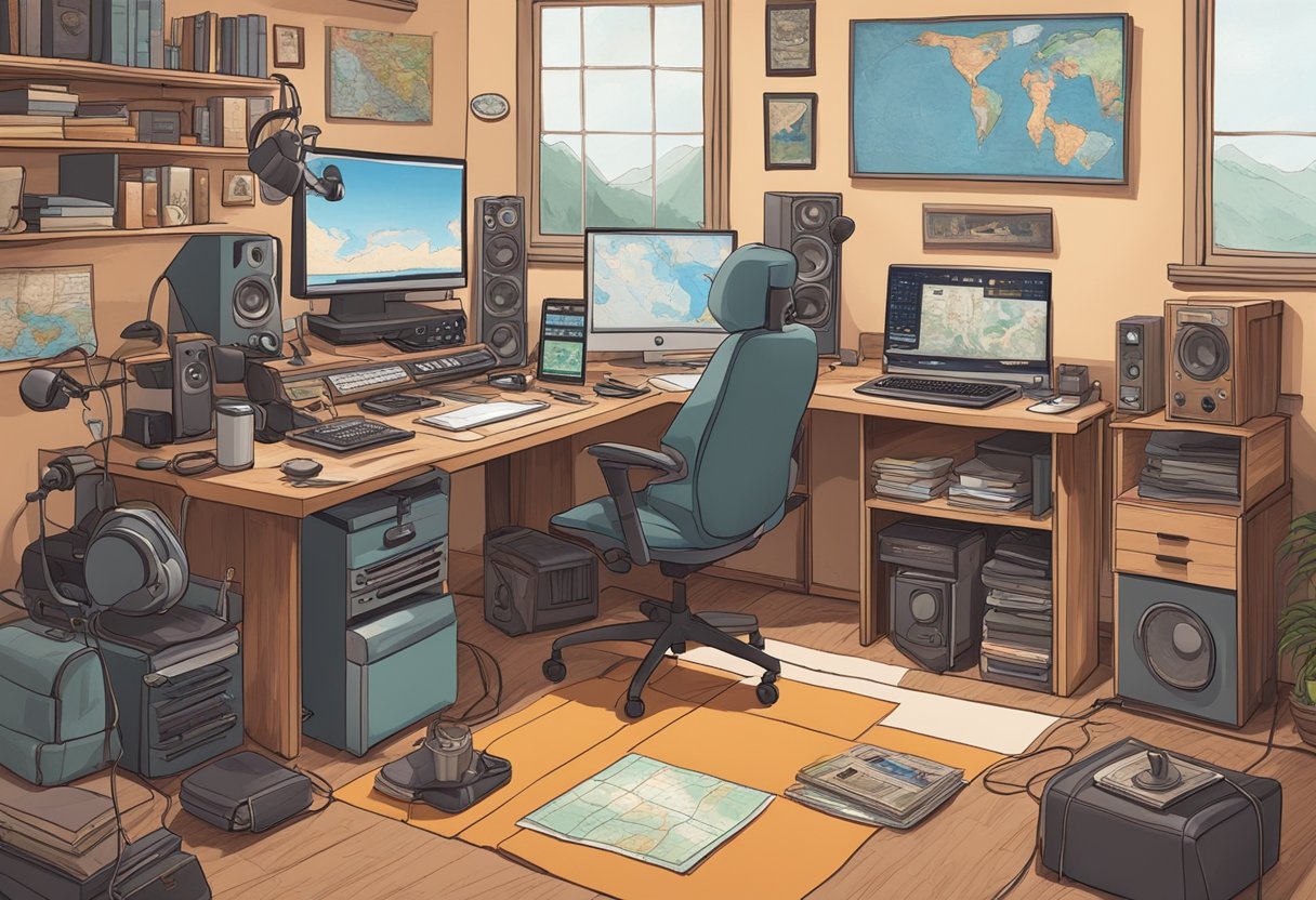 A cozy home office with a desk cluttered with ham radio equipment, a map of the world on the wall, and a person wearing headphones and speaking into a microphone