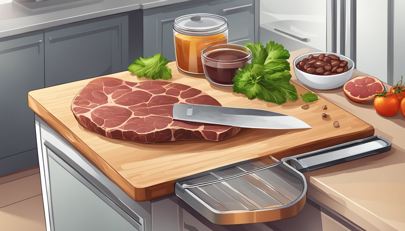 A kitchen counter with a cutting board, knife, and fresh liver. A dehydrator and containers for storing the dehydrated liver