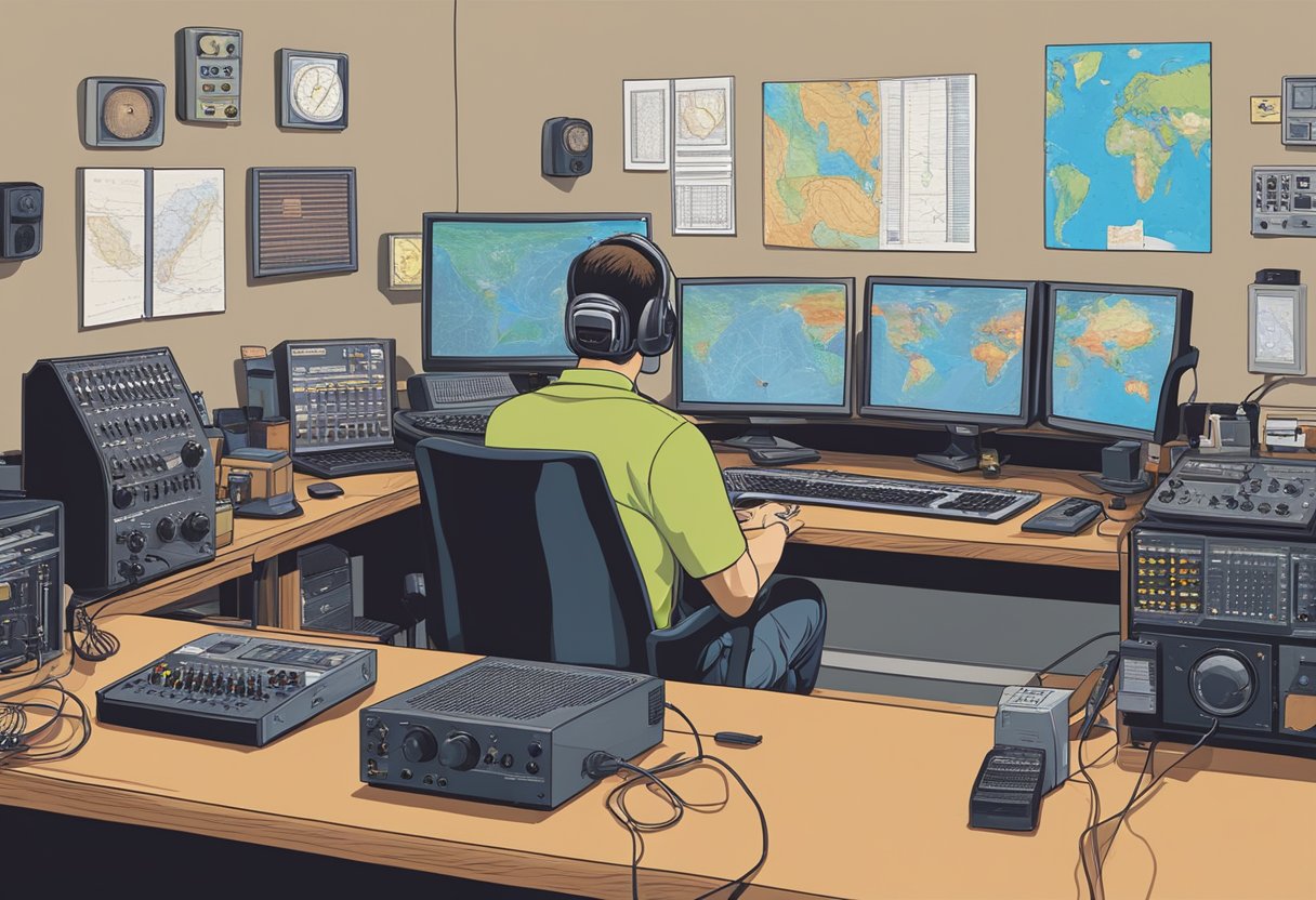 A person sitting at a desk surrounded by ham radio equipment, with a map on the wall and a computer displaying radio frequencies