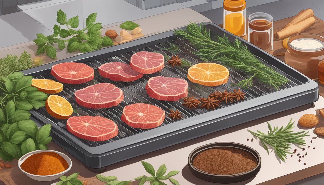 Liver slices laid out on a dehydrator tray, surrounded by various herbs and spices. Heat source visible in the background