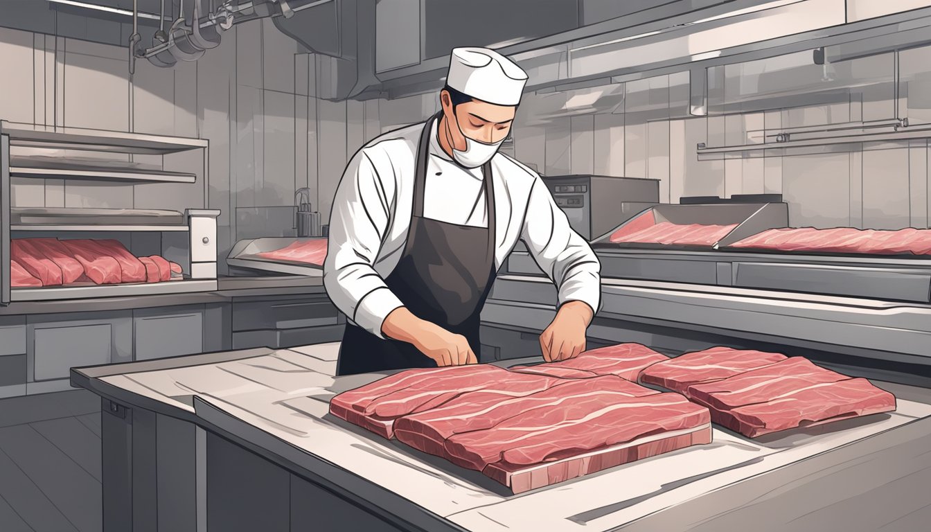 A butcher slicing raw meat into thin strips for dehydration