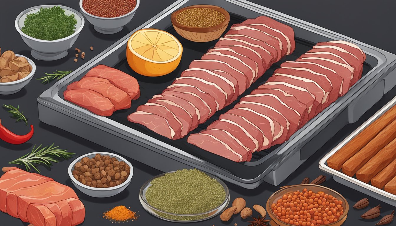 Slices of meat laid out on a dehydrator tray, surrounded by various spices and seasonings