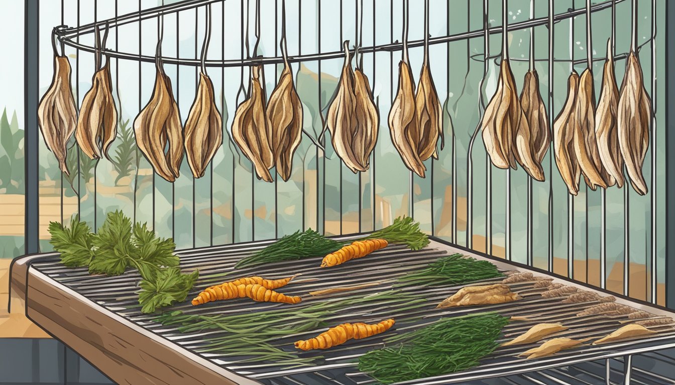 Dehydrated chicken feet arranged on a wire rack, surrounded by various spices and herbs. A dehydrator machine in the background