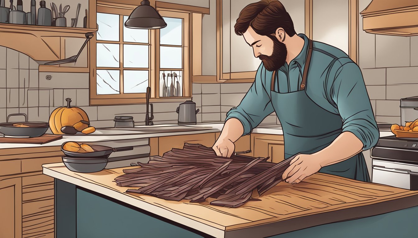 A hunter slicing venison into thin strips for dehydrating