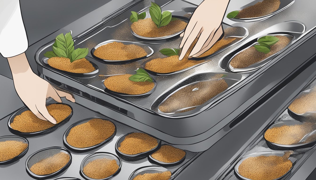 Quail being placed on dehydrator trays, with seasoning being sprinkled on top