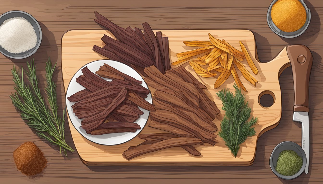 A cutting board with venison strips, a knife, and seasonings laid out for dehydration