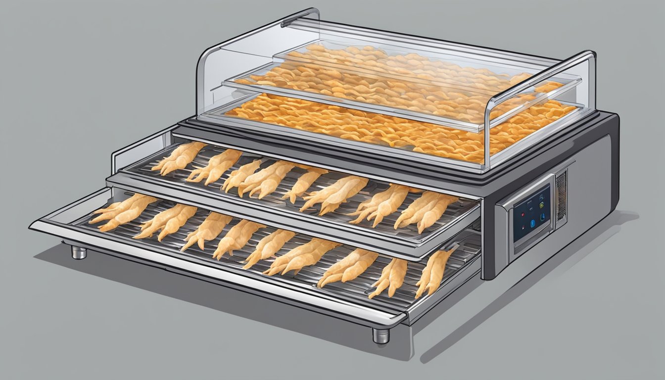 A dehydrator filled with chicken feet, arranged in a single layer on the trays, with the machine turned on and the warm air circulating around the feet