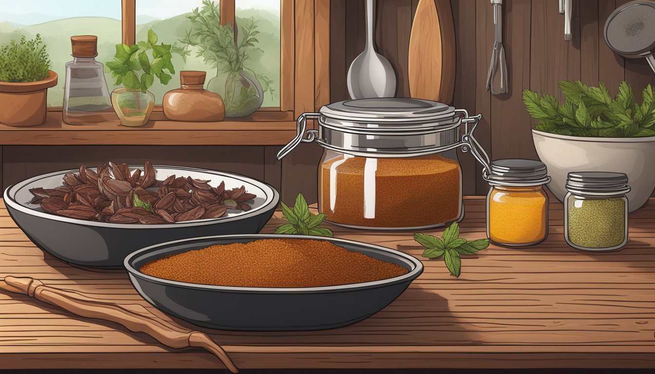 A rustic wooden table holds various spices, herbs, and a bowl of marinating liquid. A dehydrator sits in the background, filled with strips of seasoned deer meat