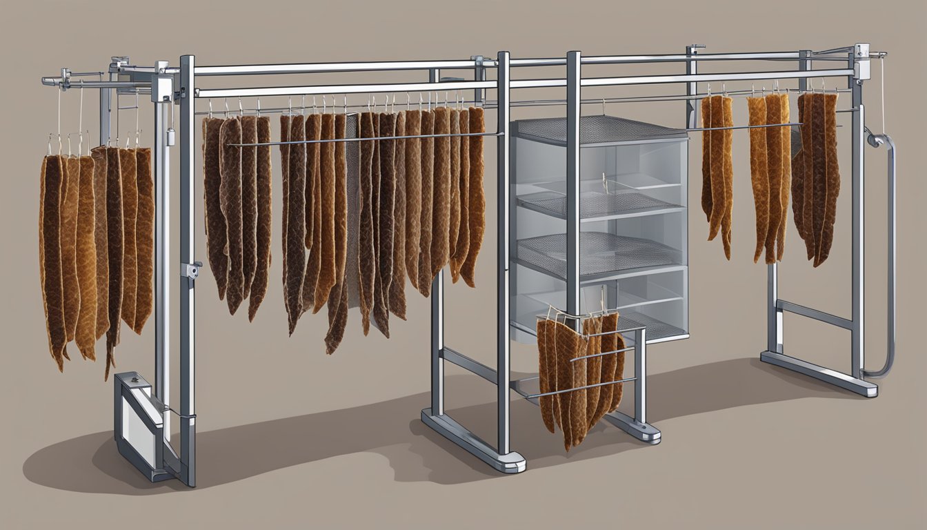 Deer jerky hanging on racks in a dehydrator