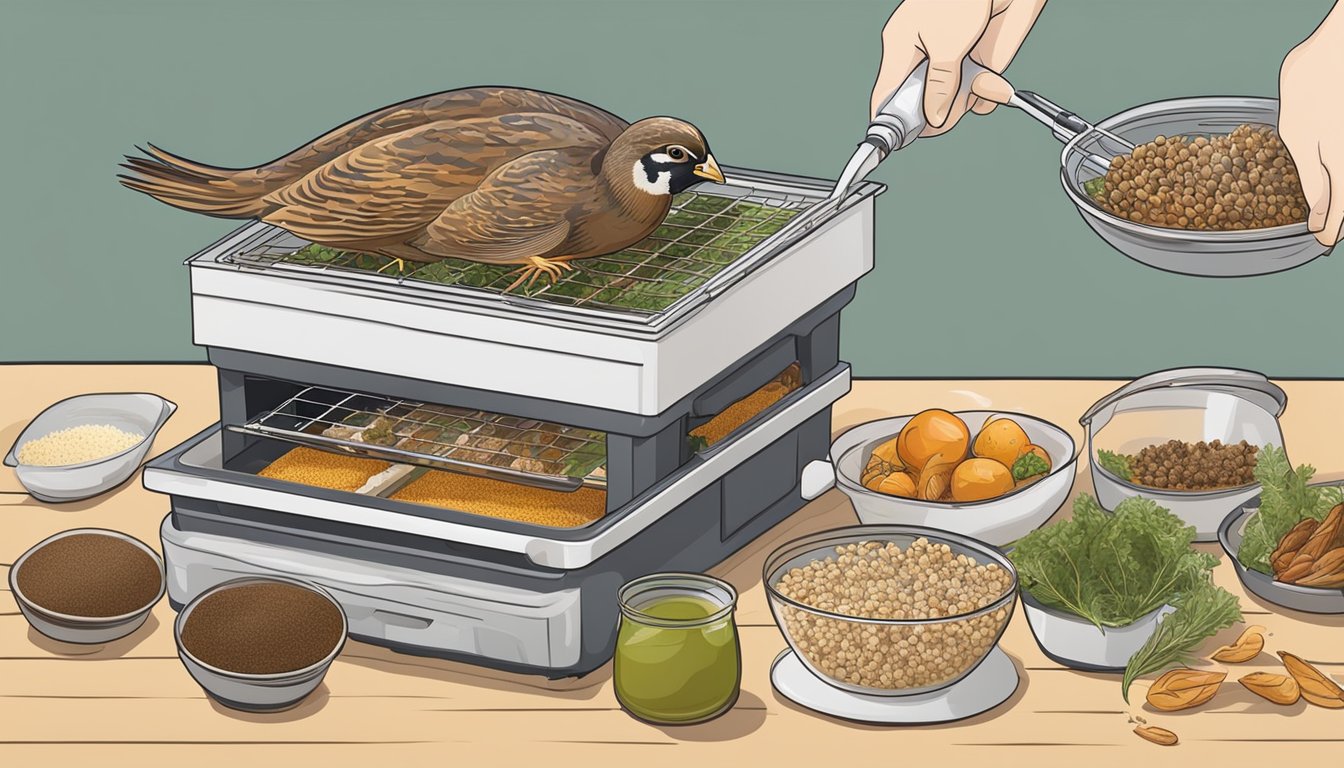 Quail being prepared and placed into a dehydrator, with various equipment and ingredients surrounding the process