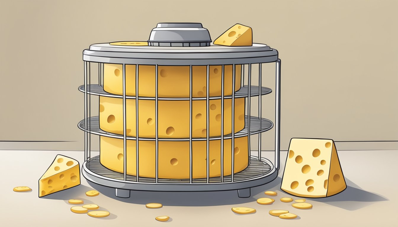 A block of cheese sitting on a wire rack inside a food dehydrator, with warm air circulating around it