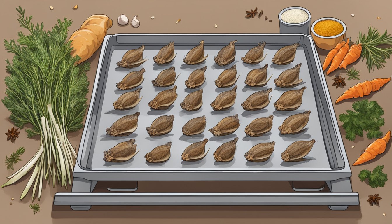 Quail feet arranged on a dehydrator tray, surrounded by herbs and spices