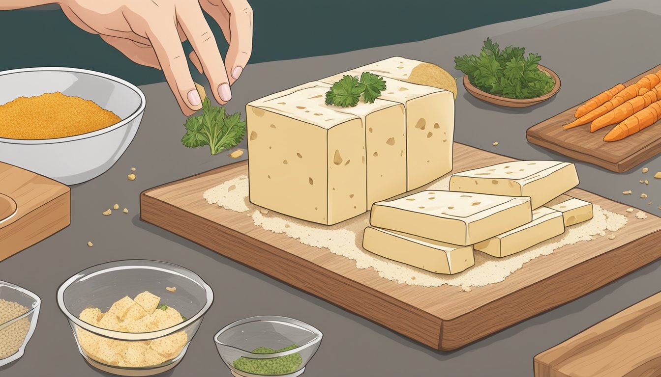 A hand reaching for a firm block of tofu on a cutting board, surrounded by various seasonings and a dehydrator in the background