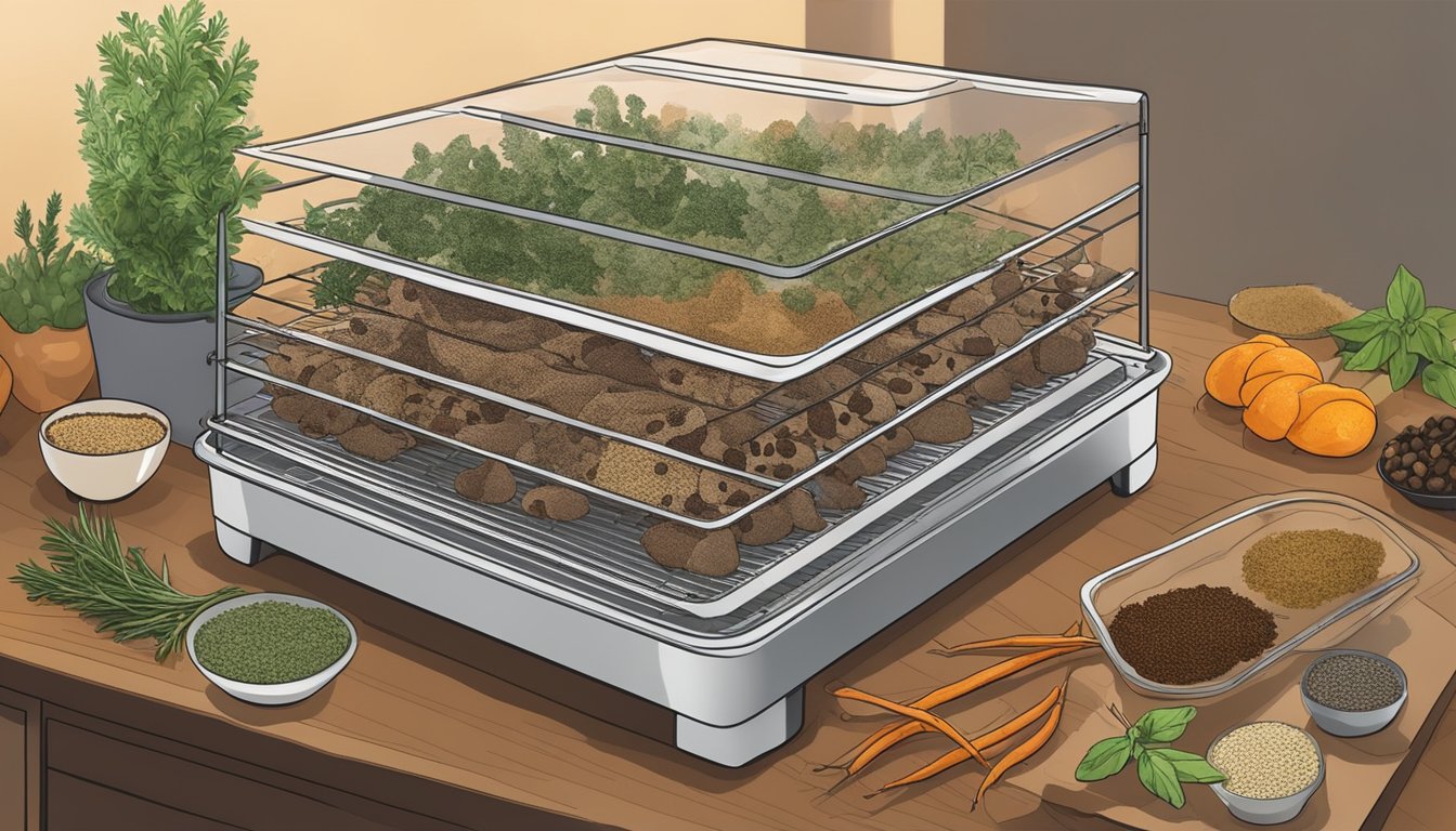 Quail feet arranged on a wire rack inside a food dehydrator, surrounded by various herbs and spices