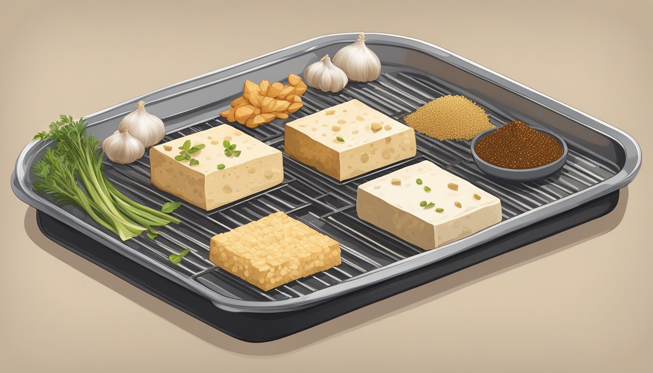 A block of tofu placed on a dehydrator tray, surrounded by various seasonings and flavorings such as soy sauce, garlic, and ginger