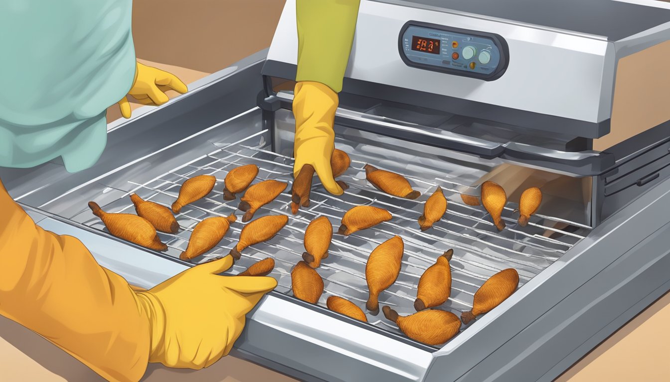 Quail feet being placed in a food dehydrator, with safety gloves and goggles nearby