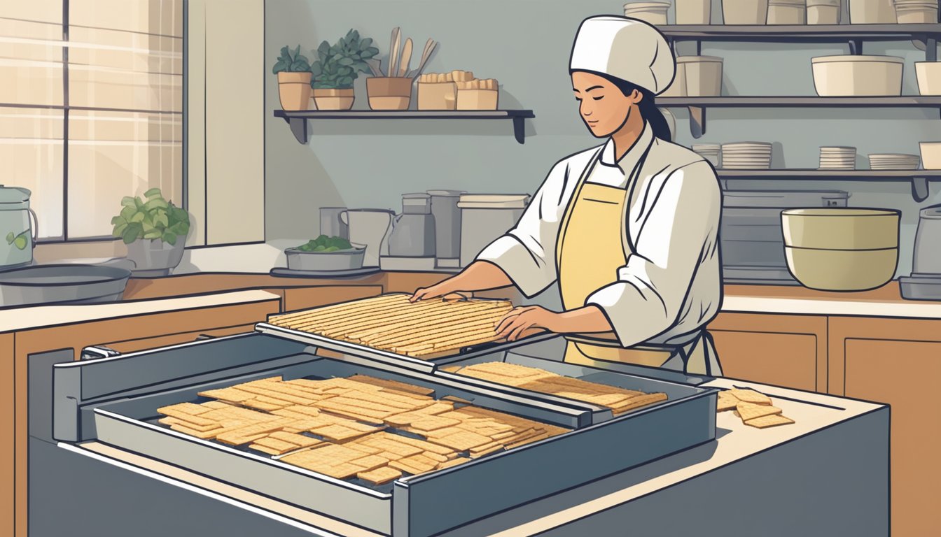 A person slicing tofu into thin strips and placing them on a dehydrator tray