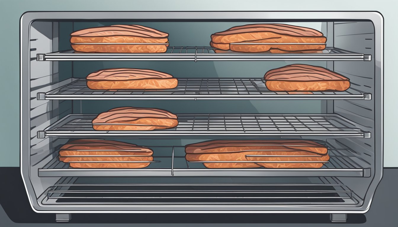 A tray of thinly sliced meat laid out on wire racks inside a conventional oven, with the temperature dial set to the lowest setting for dehydration