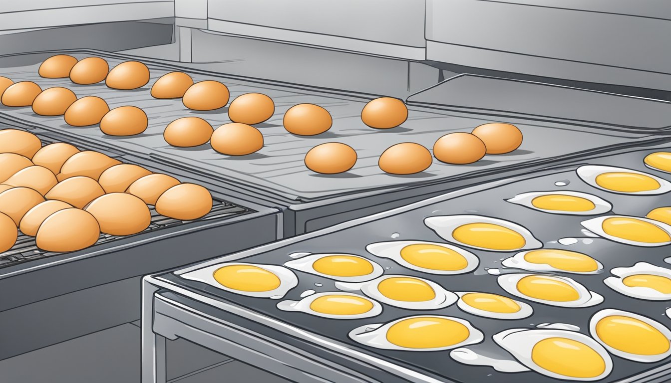 Egg whites being separated and spread on dehydrator trays, set to low heat for several hours until fully dried