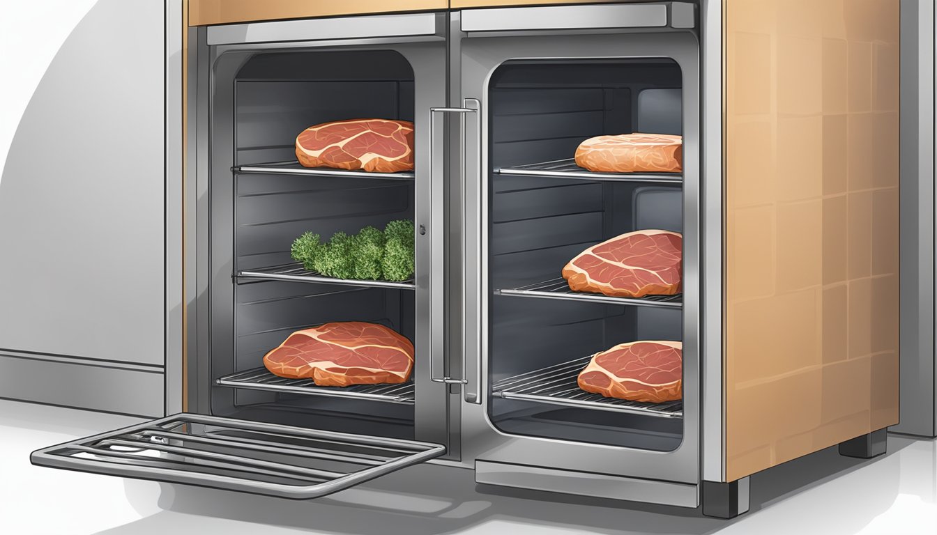 Slices of meat on wire racks in an oven, with the door slightly ajar and a thermometer inserted to monitor temperature