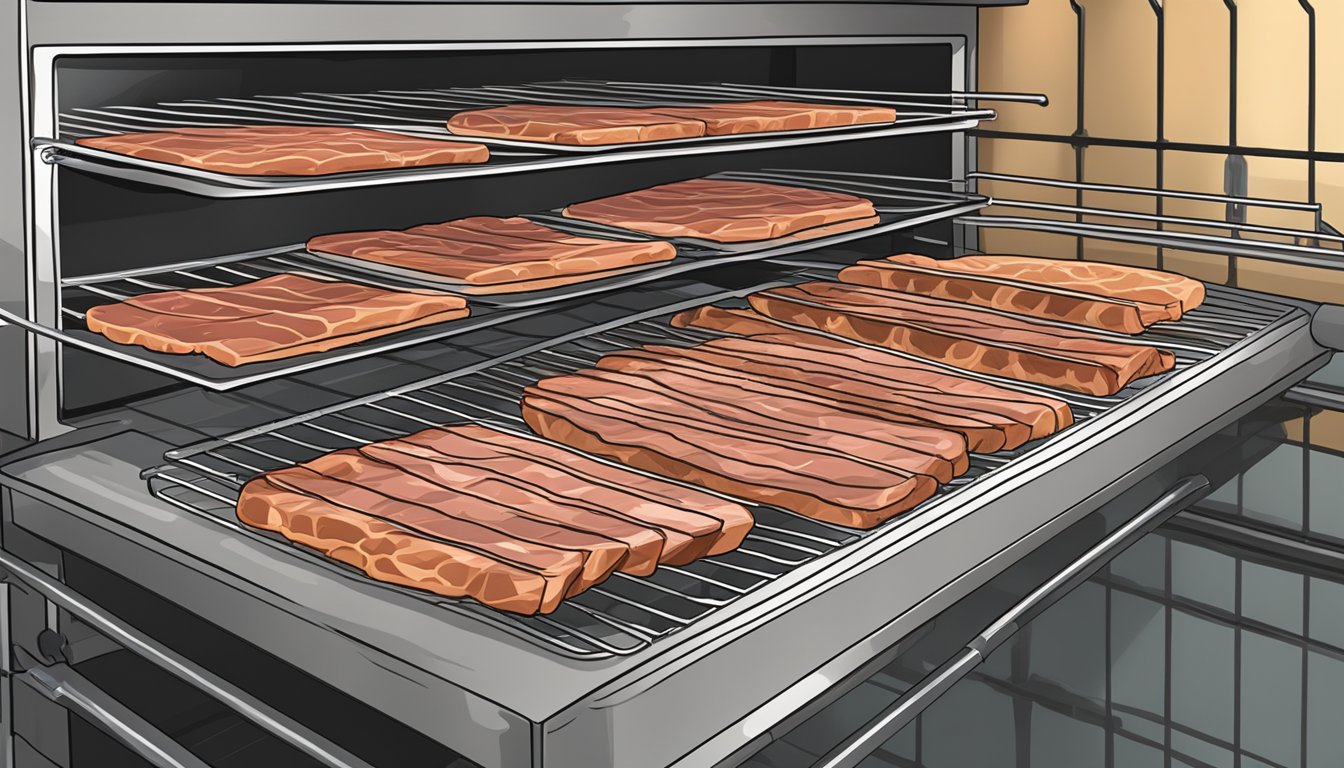 Slices of meat spread out on wire racks inside a hot oven. A thermometer gauge shows the temperature set for dehydration