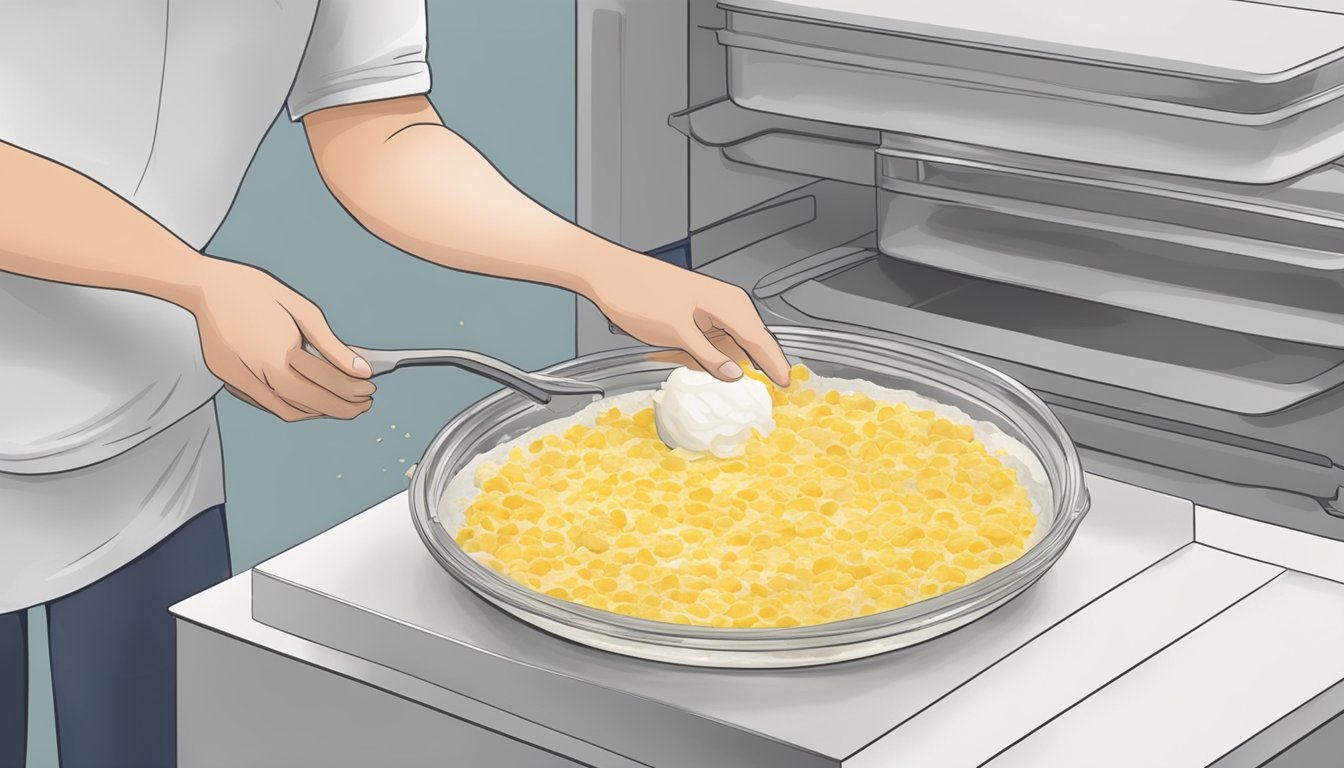 Dehydrated egg whites being mixed in a bowl, then spread onto a dehydrator tray