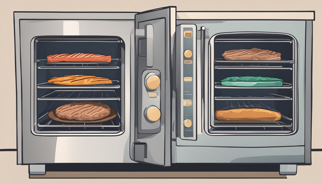 Slices of meat spread on wire racks inside a hot oven, with the oven door slightly ajar. A thermometer gauge shows the temperature set for dehydration