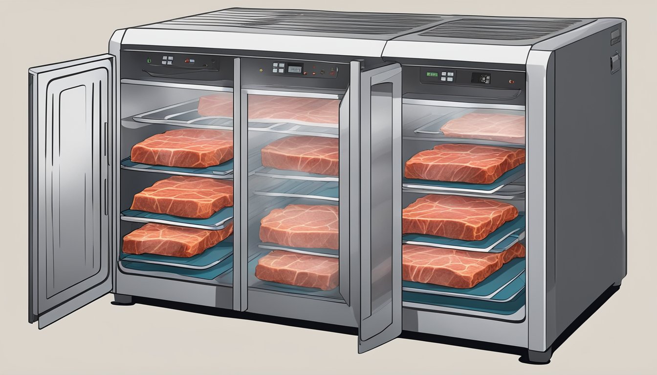 Slices of beef laid out on a wire rack, placed inside a food dehydrator, with the machine turned on