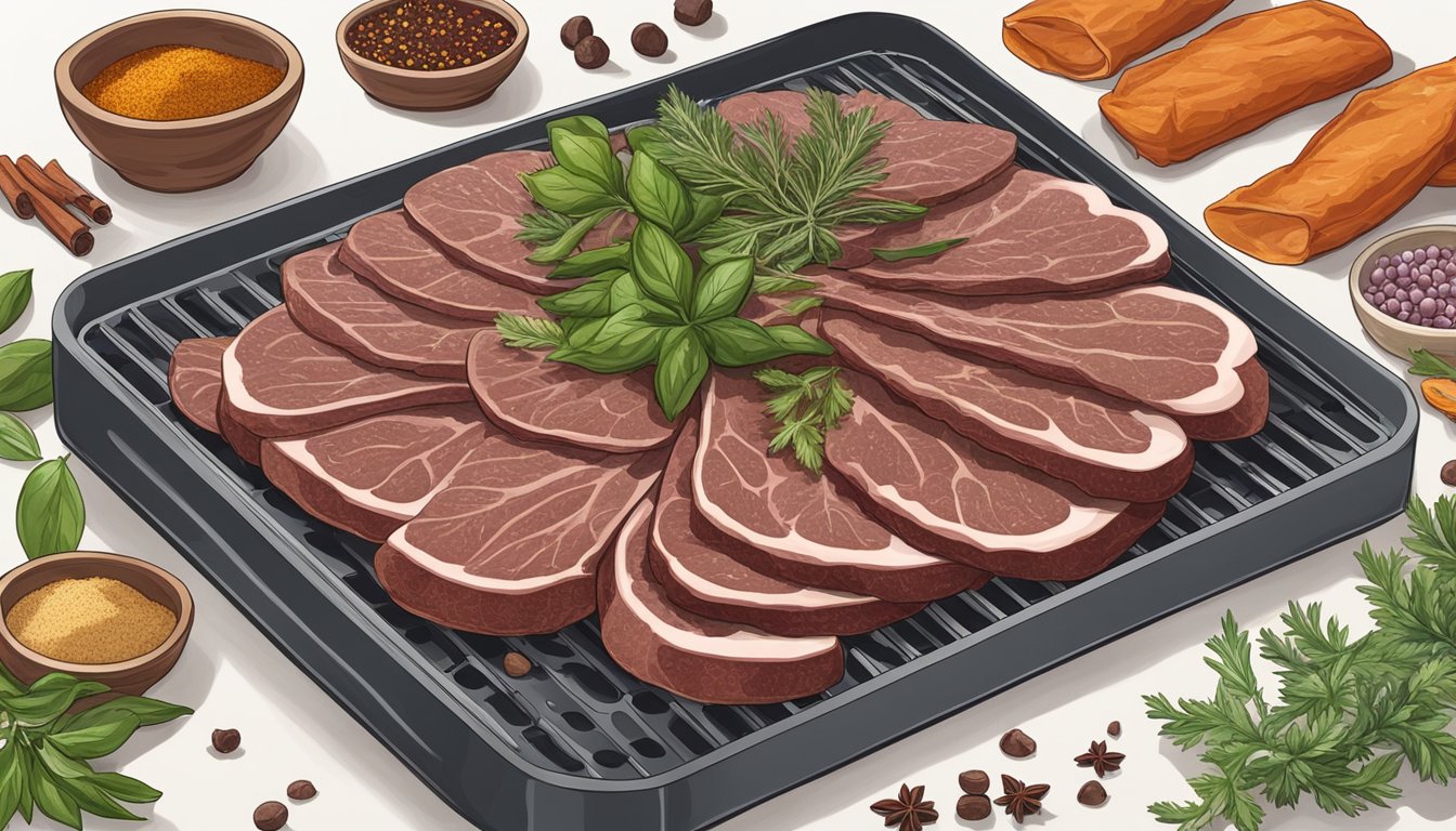 Liver slices laid out on a dehydrator tray, surrounded by various herbs and spices