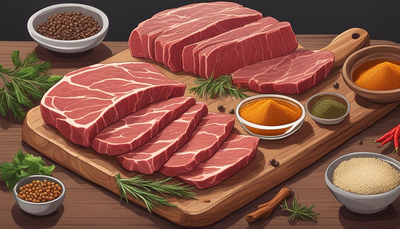 Slices of beef laid out on a cutting board, surrounded by various seasonings and spices, with a dehydrator in the background