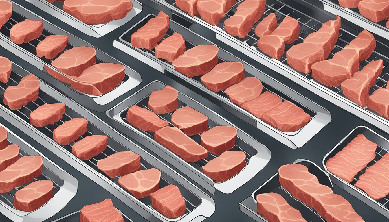 Slices of beef arranged on dehydrator trays, with the machine set to low heat