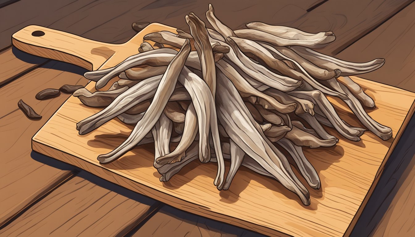 A pile of dehydrated duck feet arranged on a wooden cutting board, with a dog eagerly sniffing at them