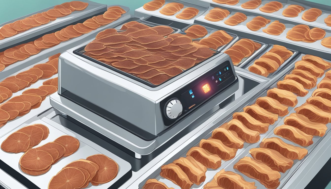 Liver slices laid out on a dehydrator tray, with the machine turned on and emitting warm air