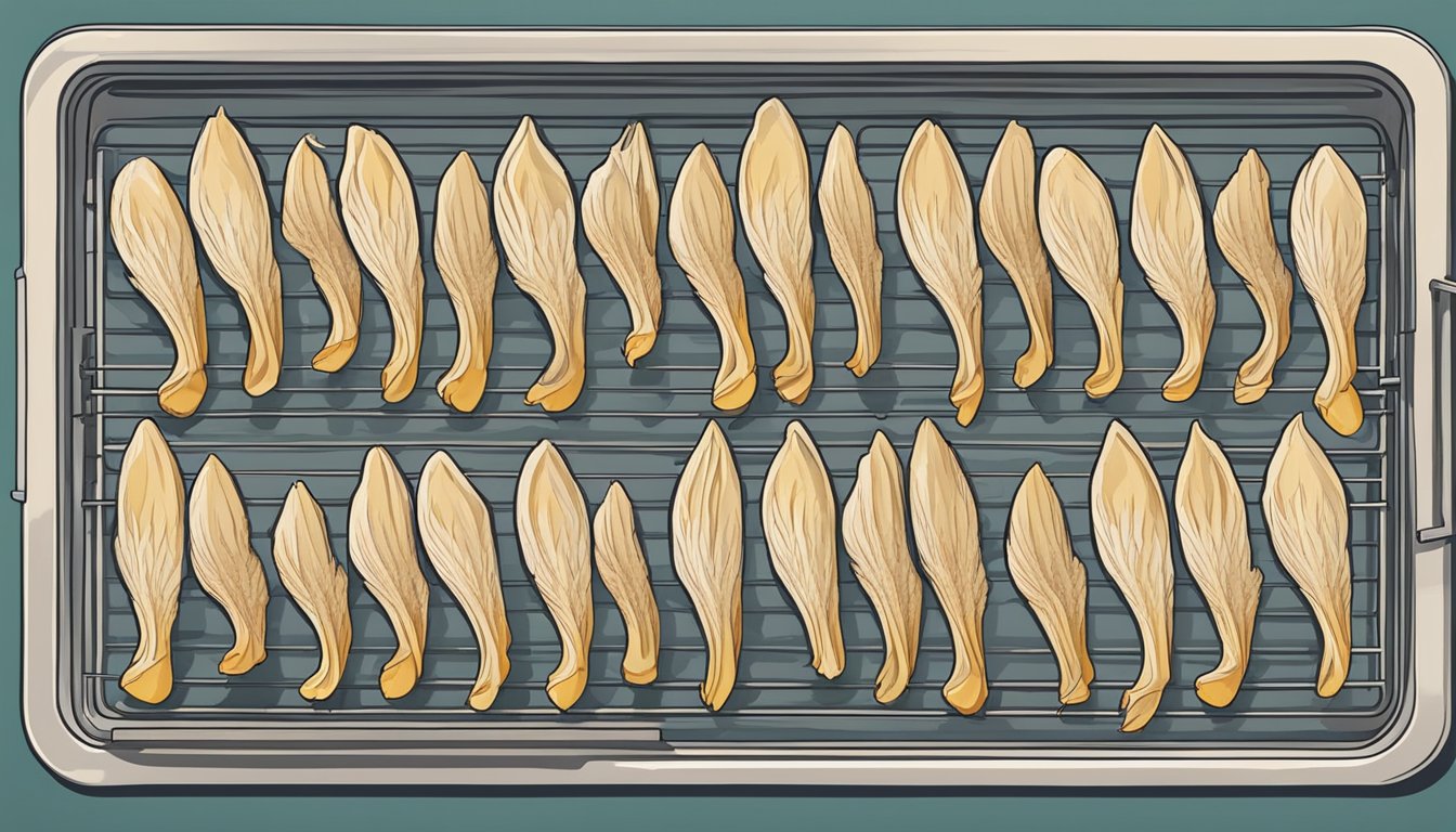 Duck feet arranged on a dehydrator tray, with the feet spread out evenly and ready for the dehydration process