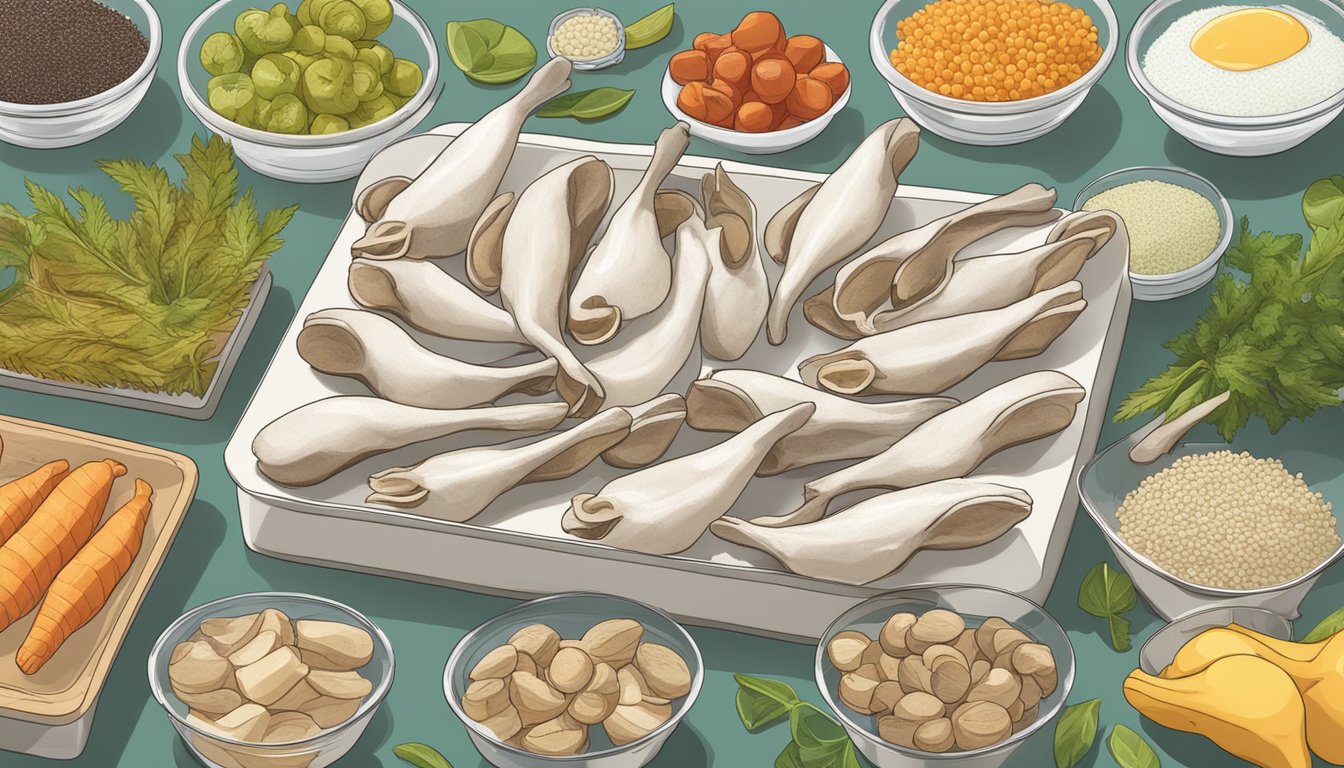 Duck feet arranged on dehydrator trays, surrounded by ingredients and nutritional information