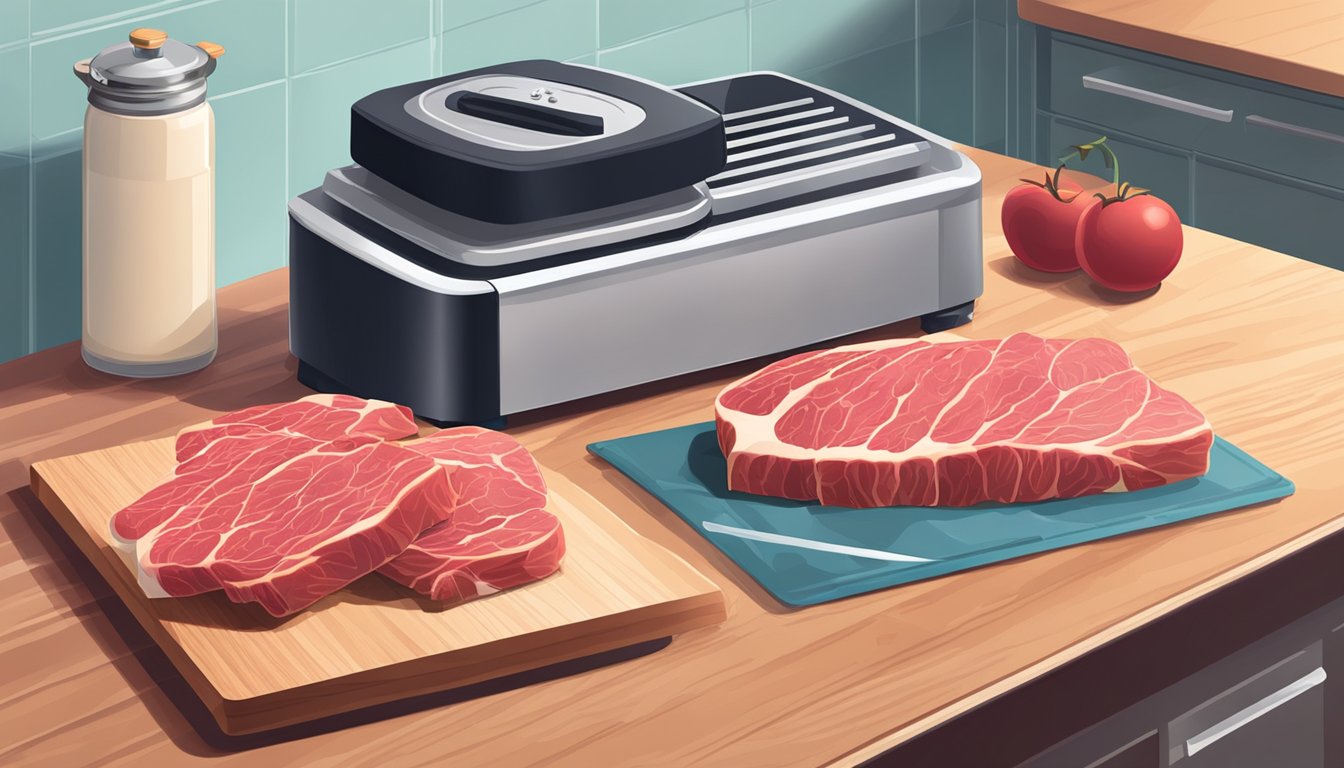 A kitchen counter with a cutting board, knife, and raw beef slices. A dehydrator and safety gloves are nearby