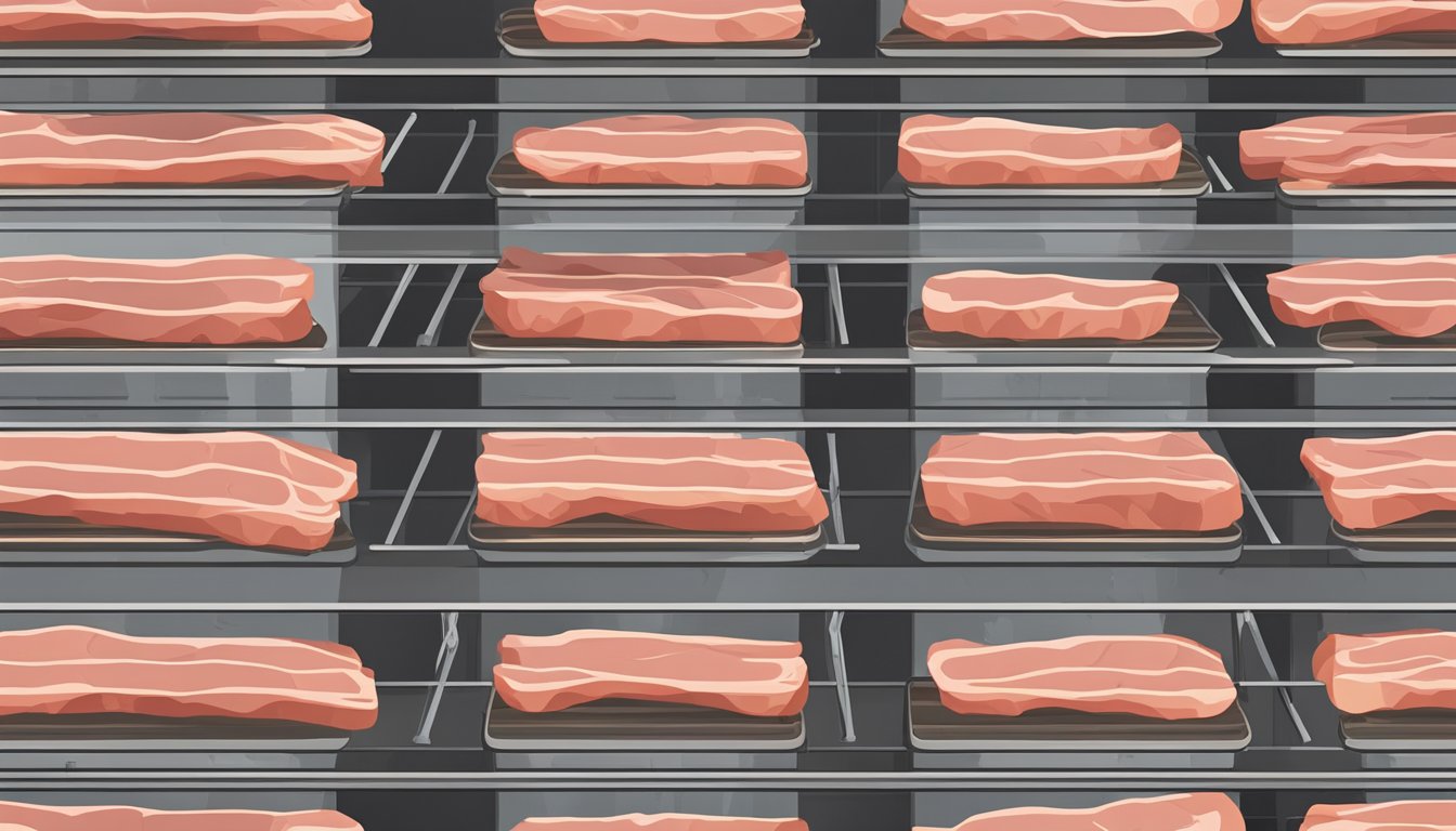 Thin slices of meat laid out on wire racks inside a dehydrator, set to 60 degrees. Timer on the dehydrator counting down