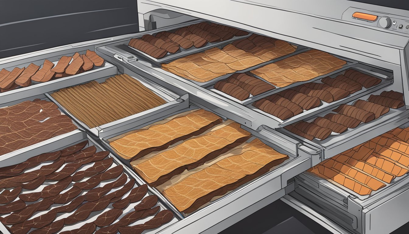 A dehydrator set at 60 degrees with strips of jerky laid out on the trays