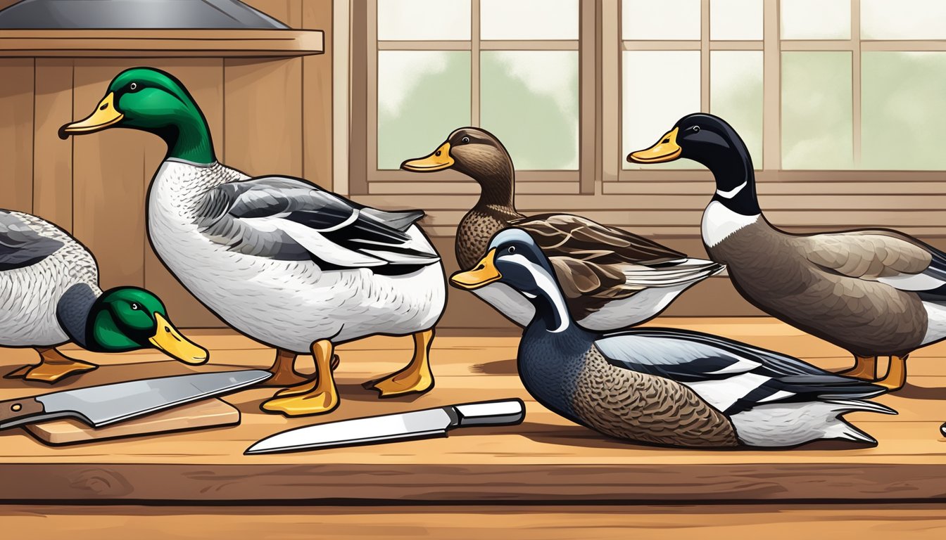 Several duck heads arranged on a cutting board with a sharp knife and a dehydrator in the background