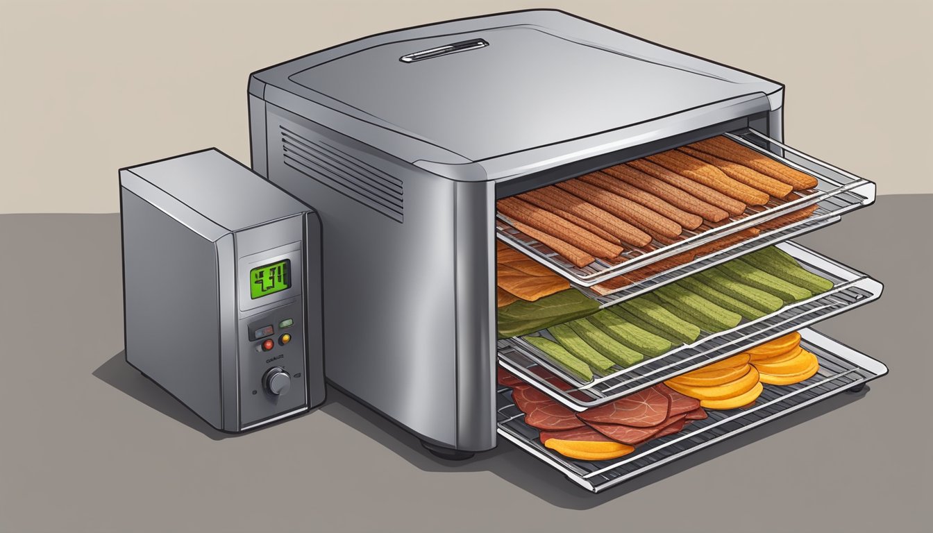 A food dehydrator set at 60 degrees with trays of jerky inside, the warm air circulating around the strips as they slowly dry out