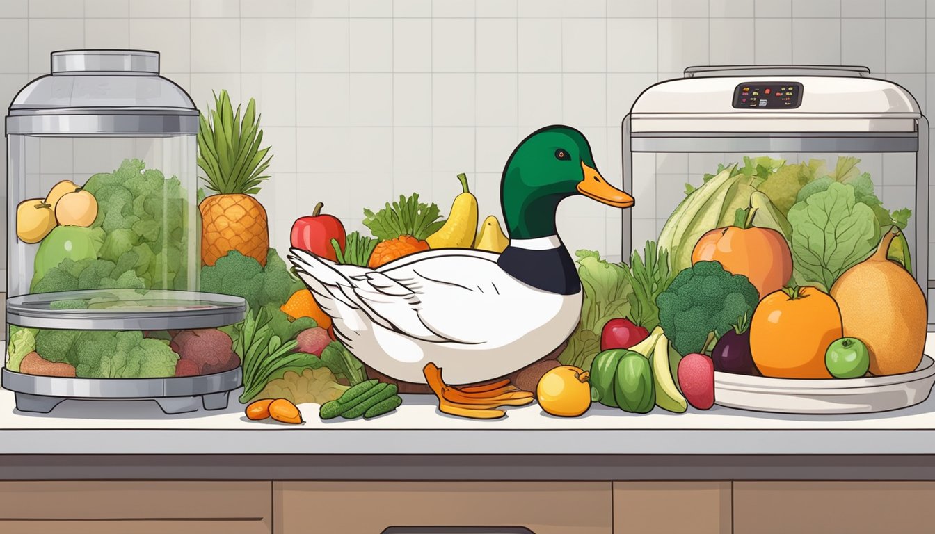 A duck head is placed in a dehydrator, surrounded by various fruits and vegetables. The dehydrator is set to a low temperature, and the process begins