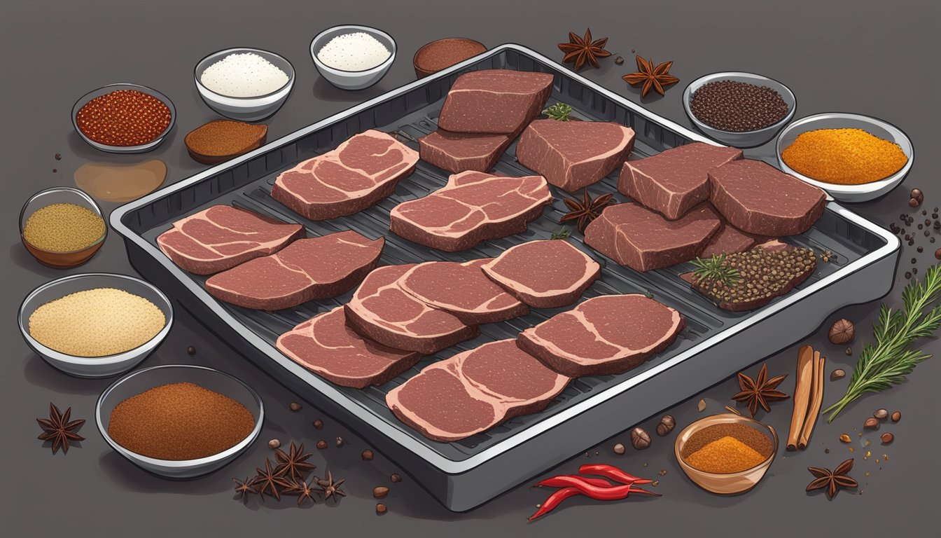 Beef liver slices laid out on dehydrator trays, surrounded by various spices and seasonings