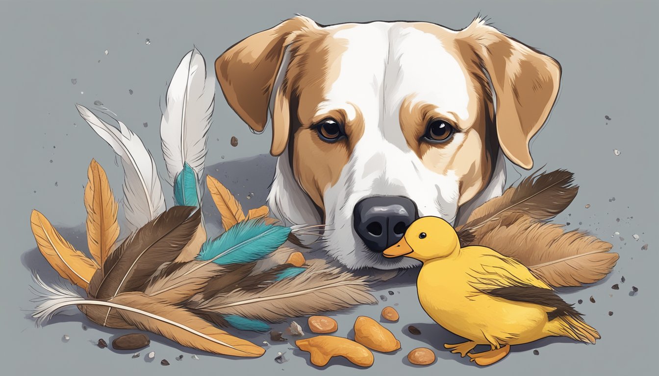 A dog eagerly chews on a dehydrated duck head, surrounded by scattered feathers and a dehydrator in the background