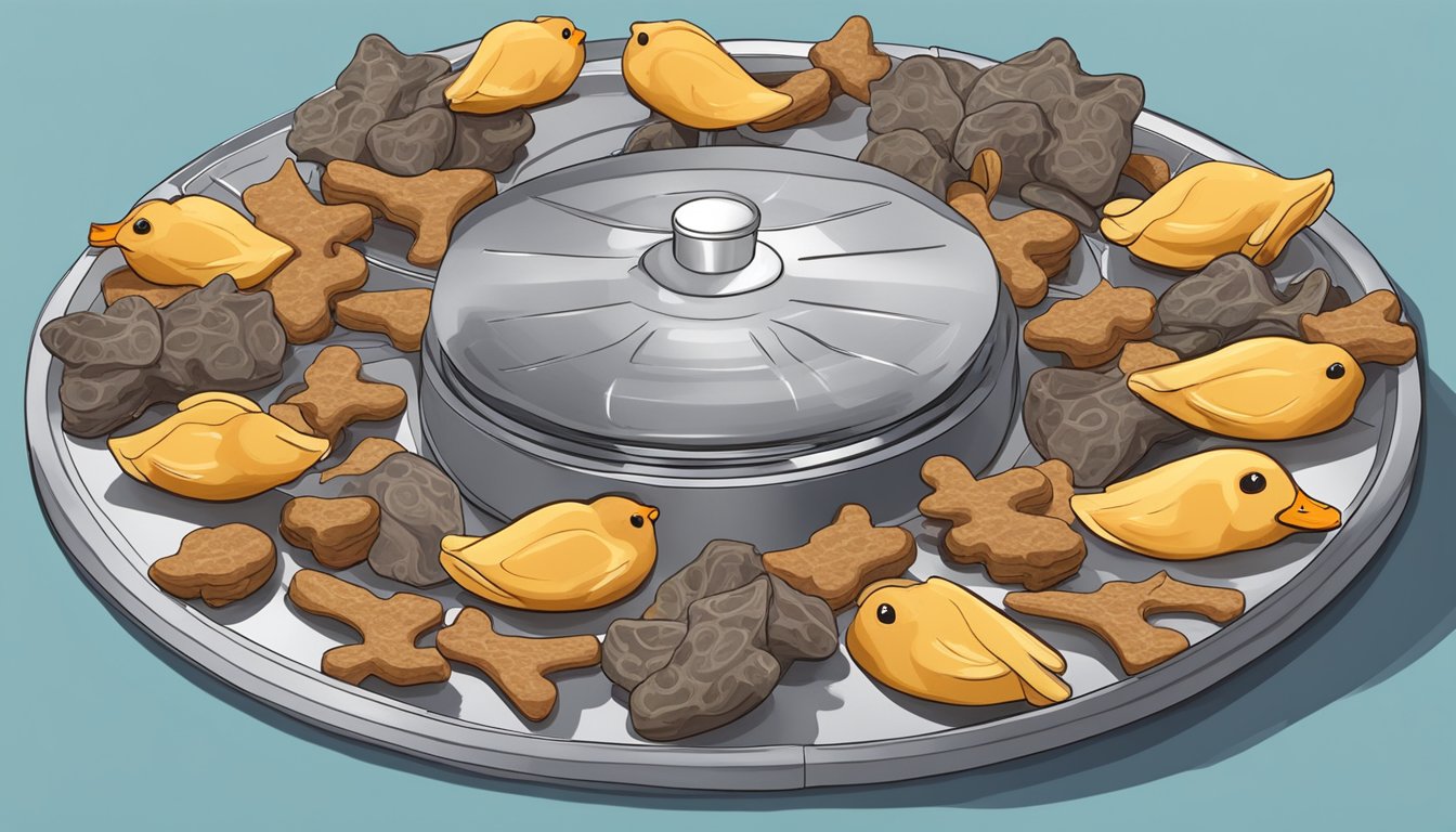 A pile of duck heads arranged on a dehydrator tray, with the machine set to a low temperature, surrounded by various dehydrated dog treats